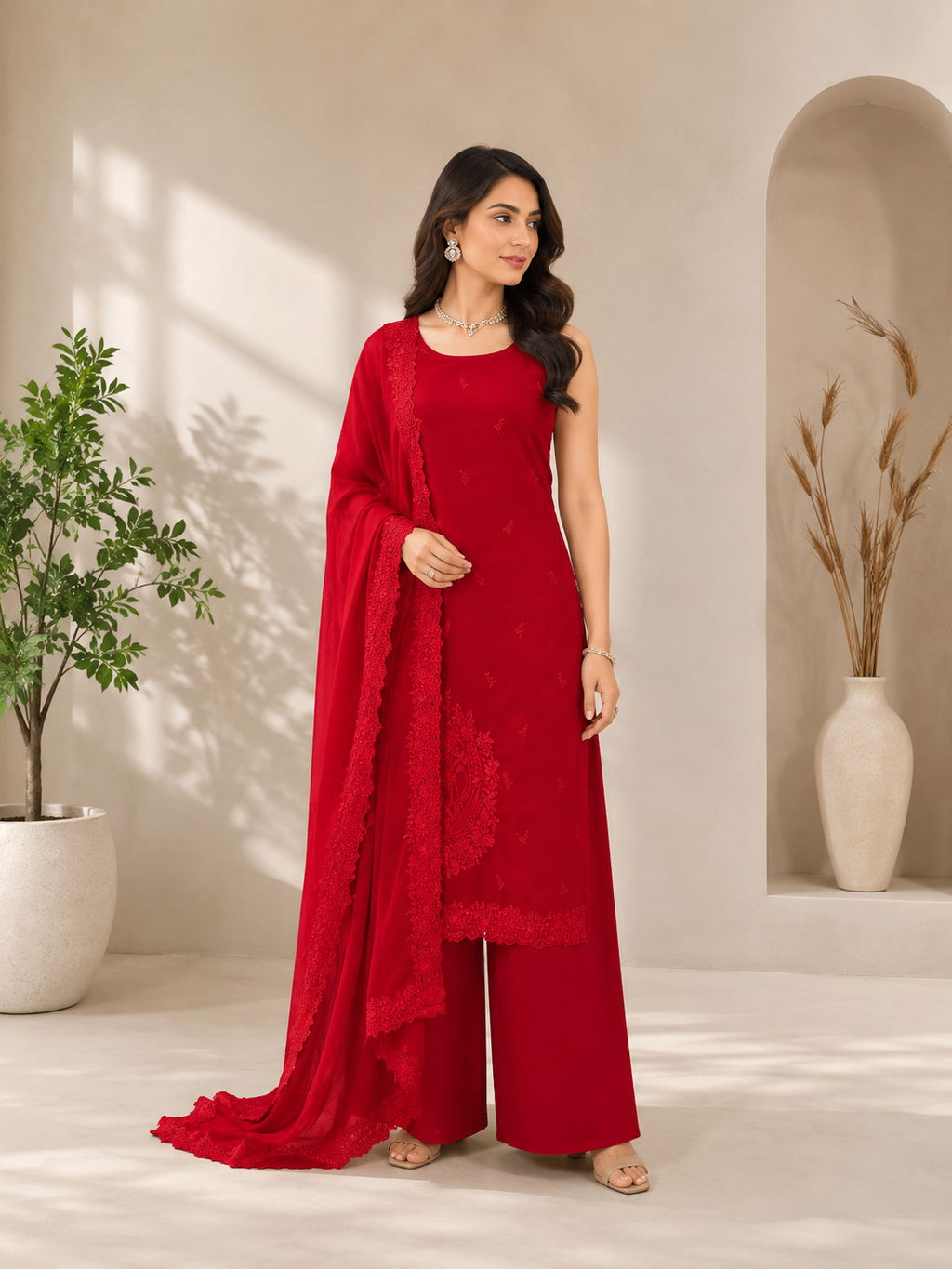 Premium Ruby Red Faux Georgette Festive Suit Set