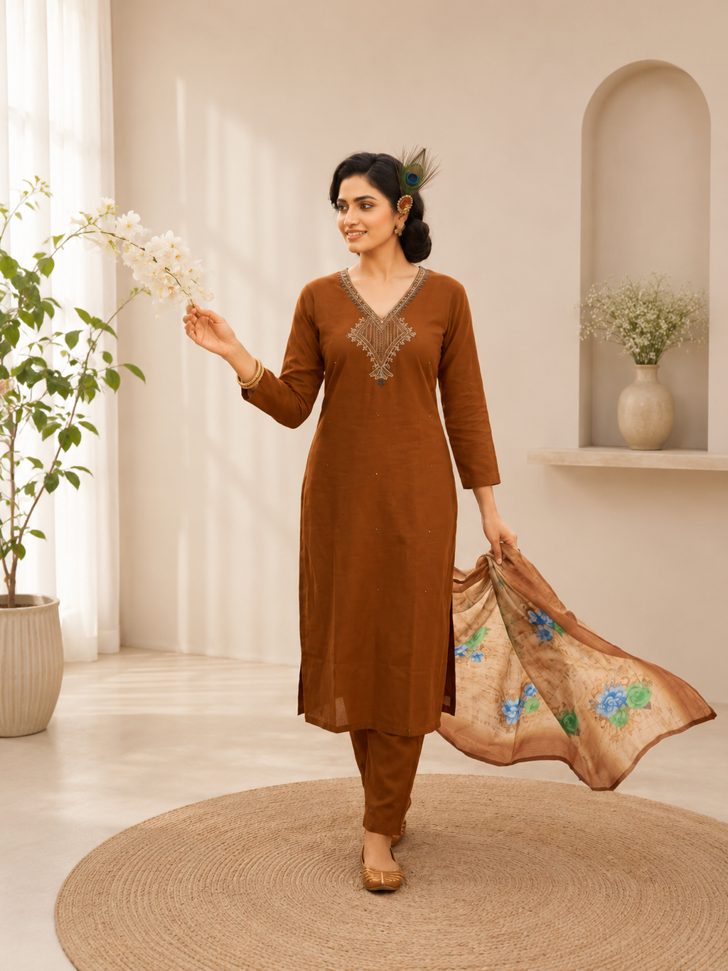 Very Attractive Brown Hand Embroidered Mul Chanderi Ethnic Suit Set