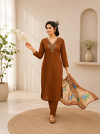 Very Attractive Brown Hand Embroidered Mul Chanderi Ethnic Suit Set