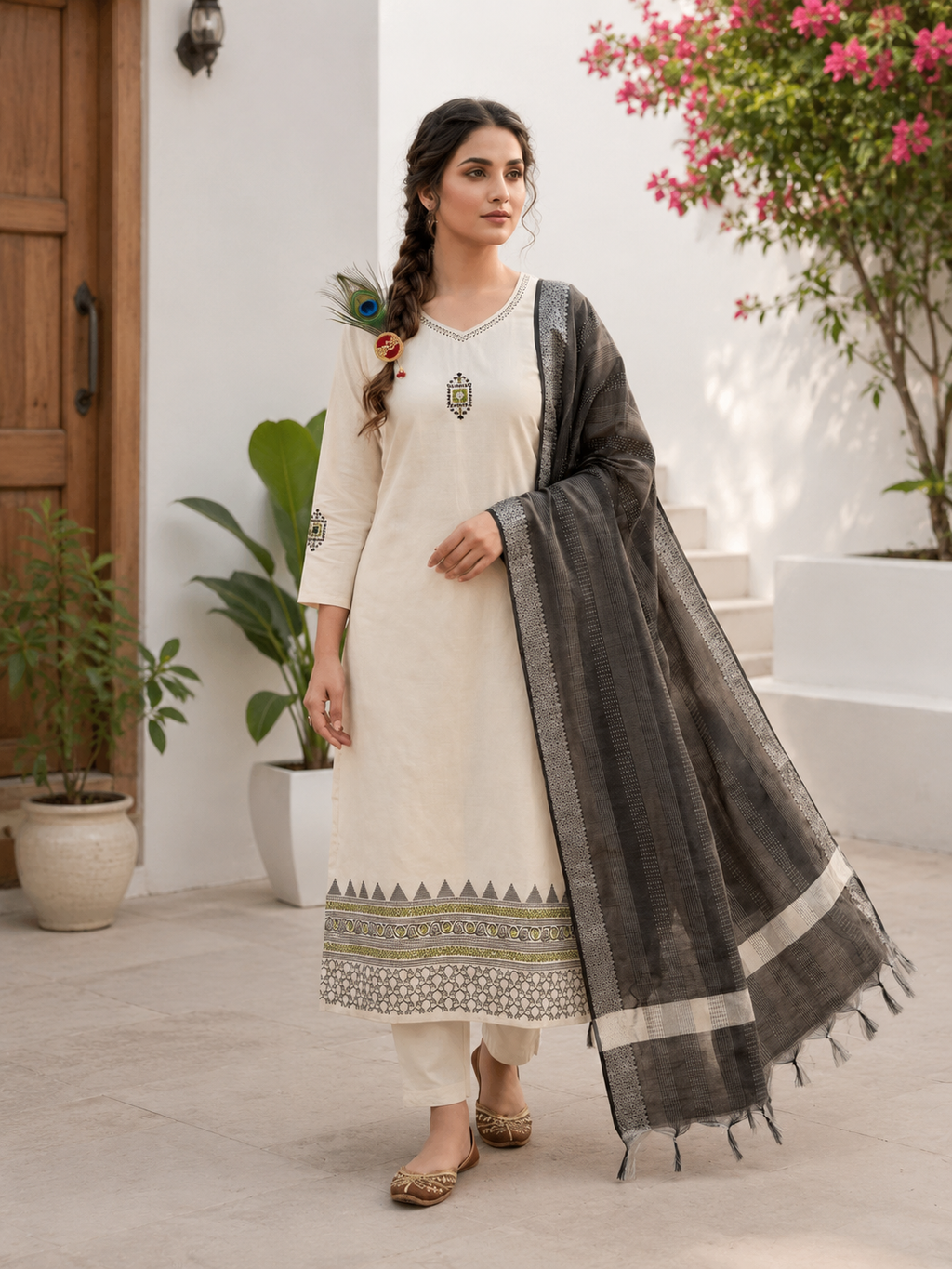 Premium Heritage Khadi Cotton Embroidery Suit Set With Real Mirror Work