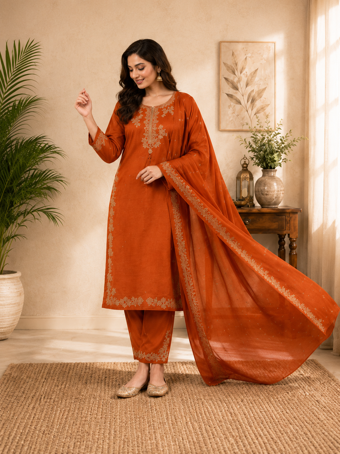 Elegant Orange Embroidered Roman Silk Suit Set with Dupatta