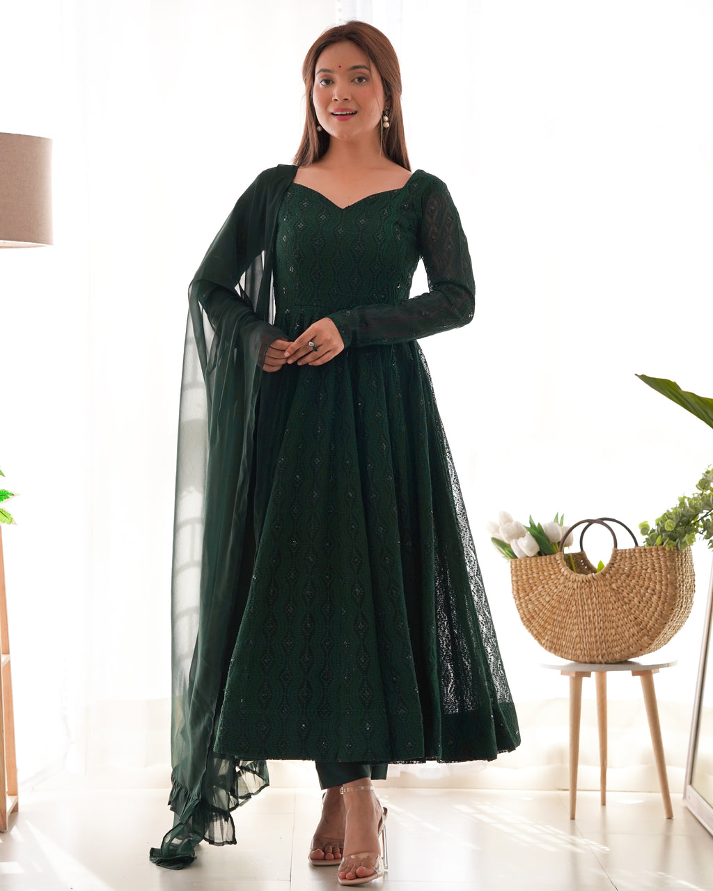 Emerald Grace Soft Georgette Silk Anarkali Suit Set with Ruffle Dupatta
