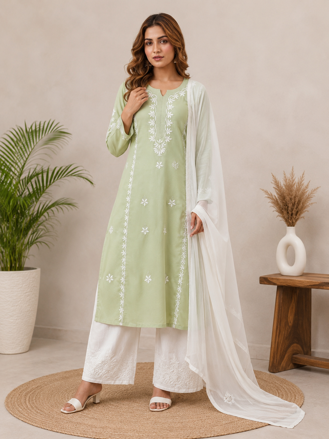 Elegant Sage Green Rayon Embroidered Suit Set With Dupatta