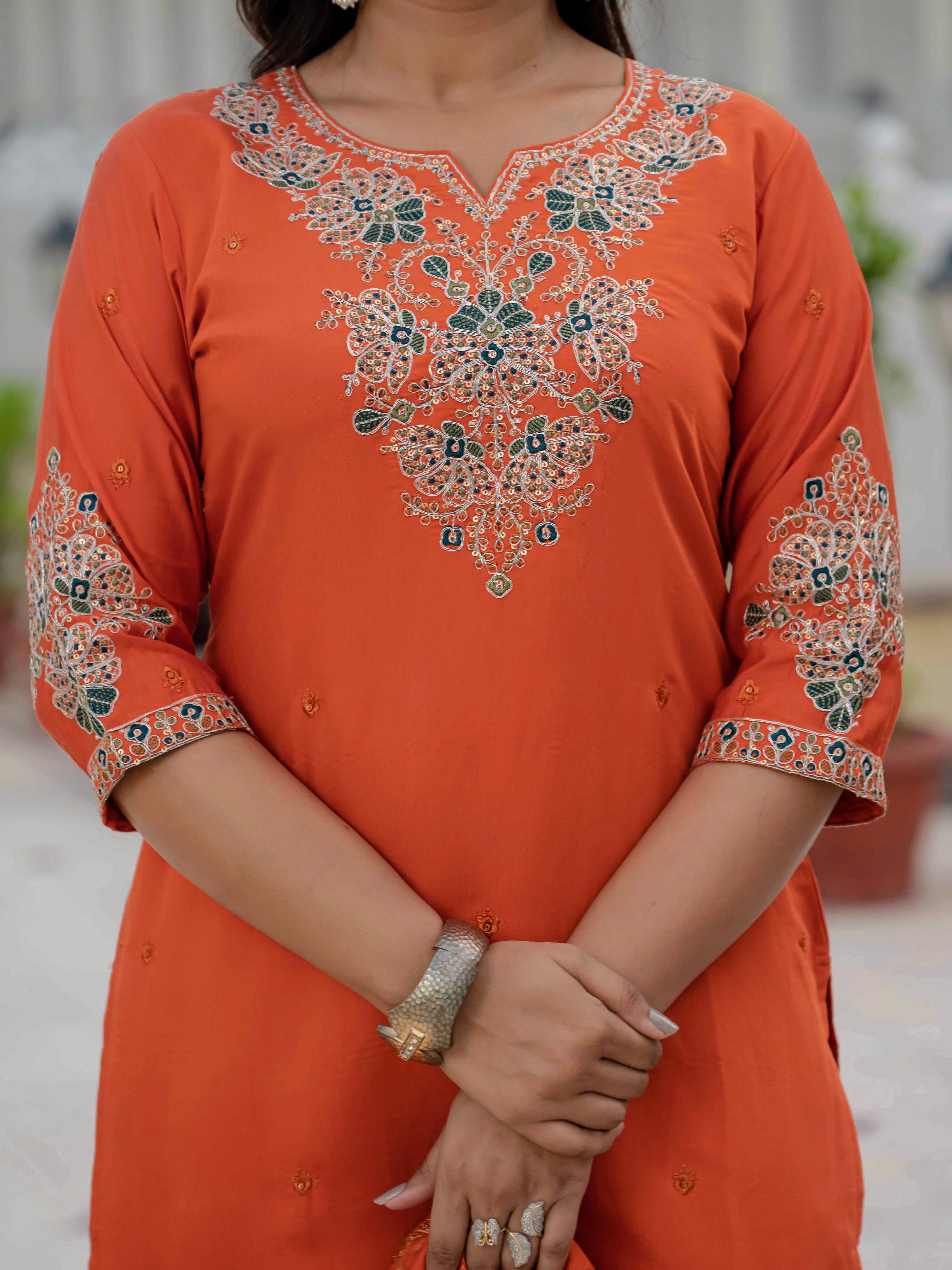 Women’s Orange Roman Silk Party Wear Suit Set