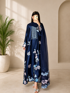 Navy Blue Floral Thread Work Jura Silk Kaftan-Style Kurta Set