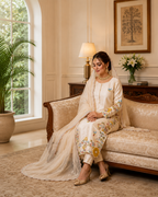 Premium Festive Cream Embroidery Glass Roman Silk Suit Set