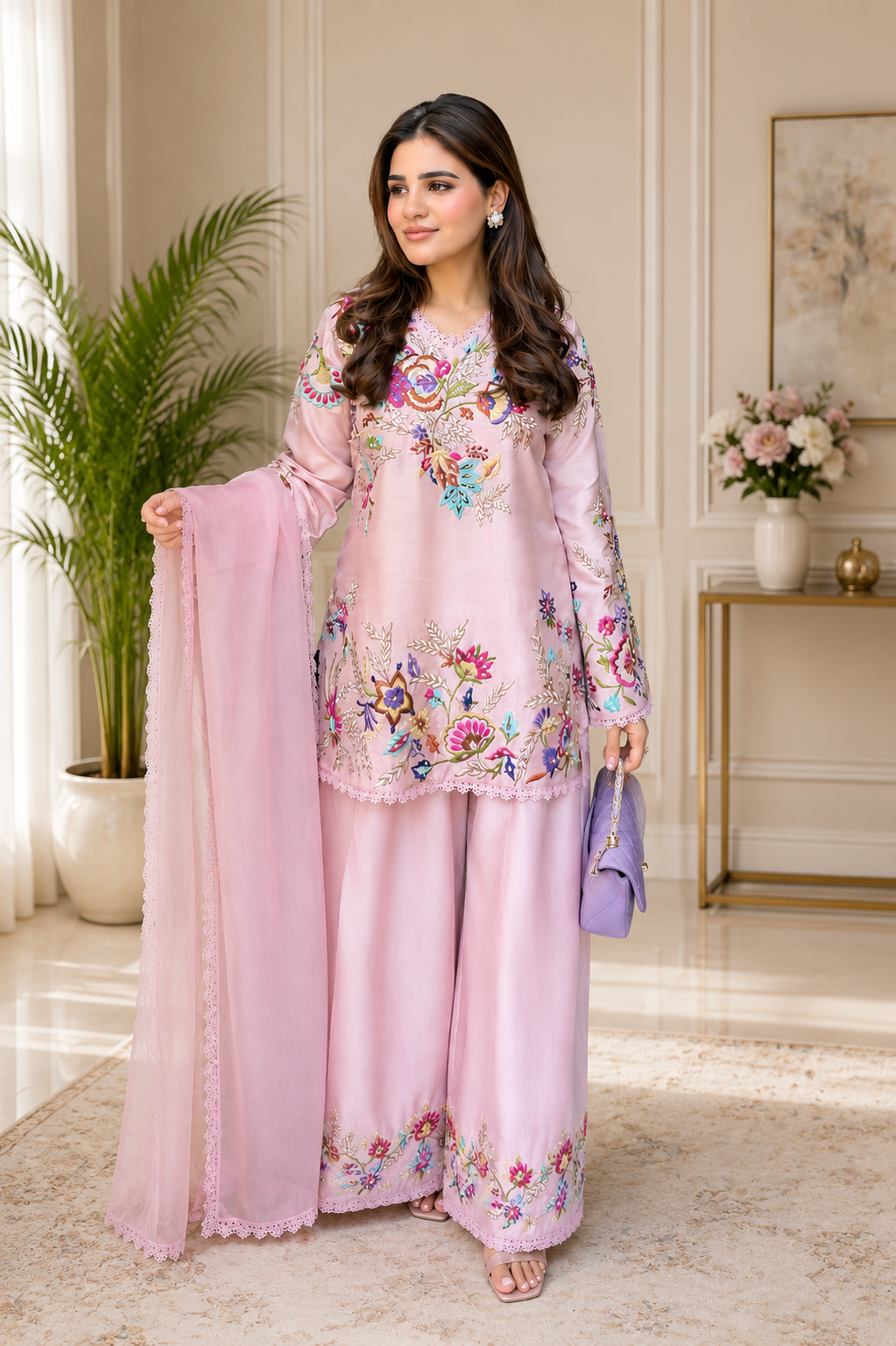 Beautiful Modern Pink Embroidered Crape Silk Suit Set with Organza Dupatta