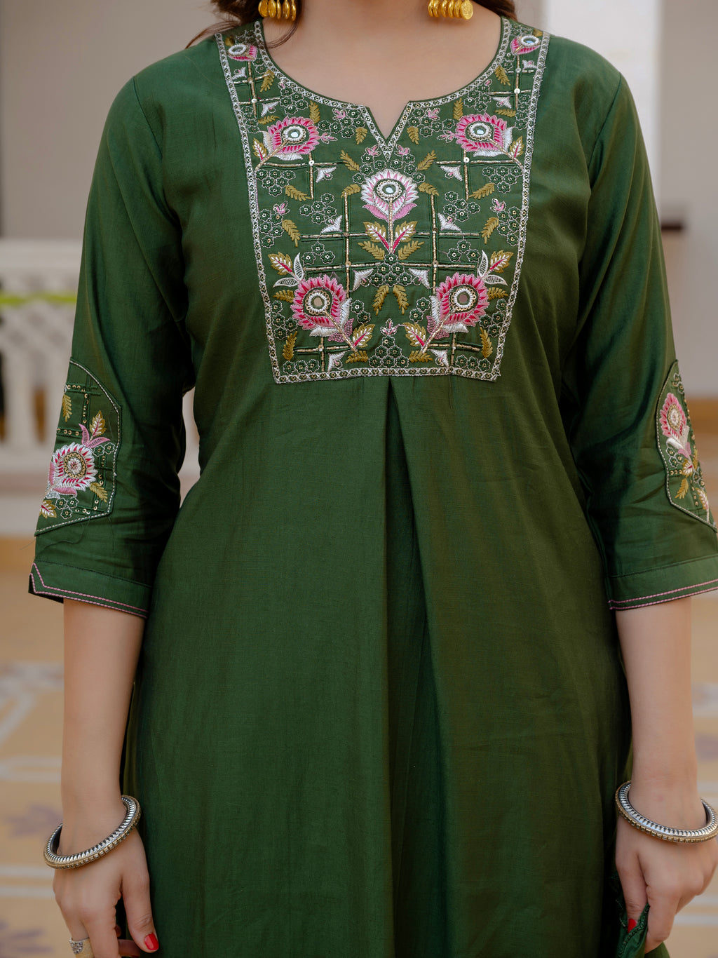 Elegant Green Mango Silk Suit Set with Floral Embroidery