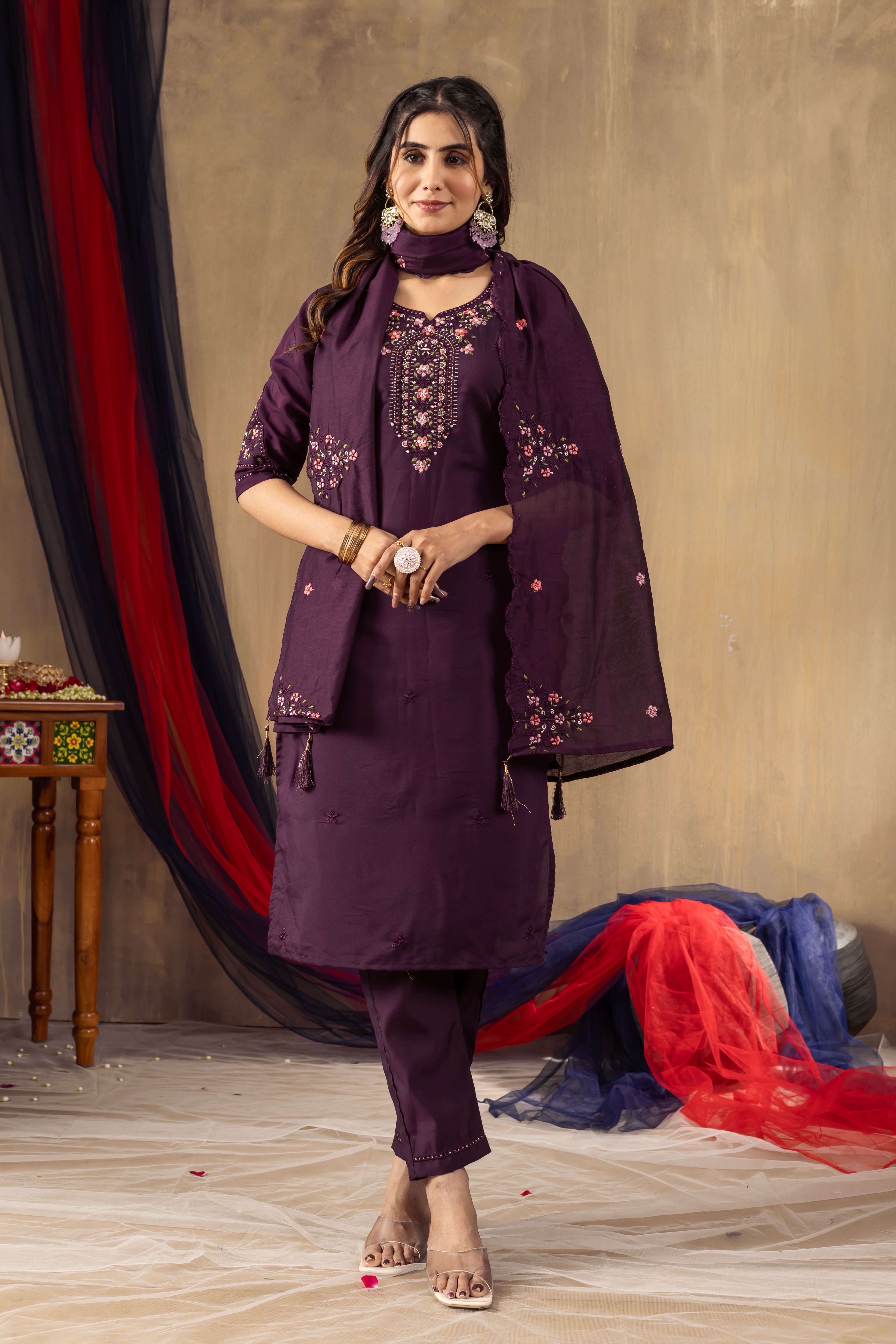 Elegant Roman Silk Kurta Pant Dupatta Set for Women
