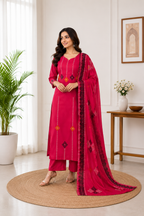 Attractive Rani Pink Pure Cotton Ethnic Suit Set with Hand Block Print Work