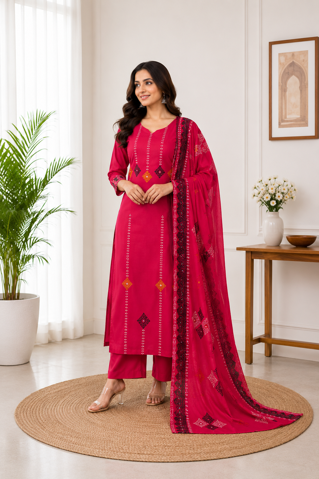 Attractive Rani Pink Pure Cotton Ethnic Suit Set with Hand Block Print Work