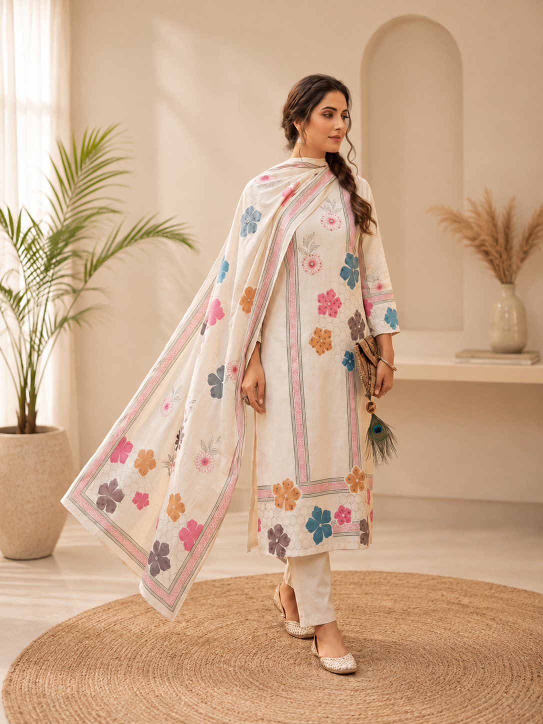 Very Attractive Pure Khadi Cotton Multi-Thread Handwork A-Line Kurta Set