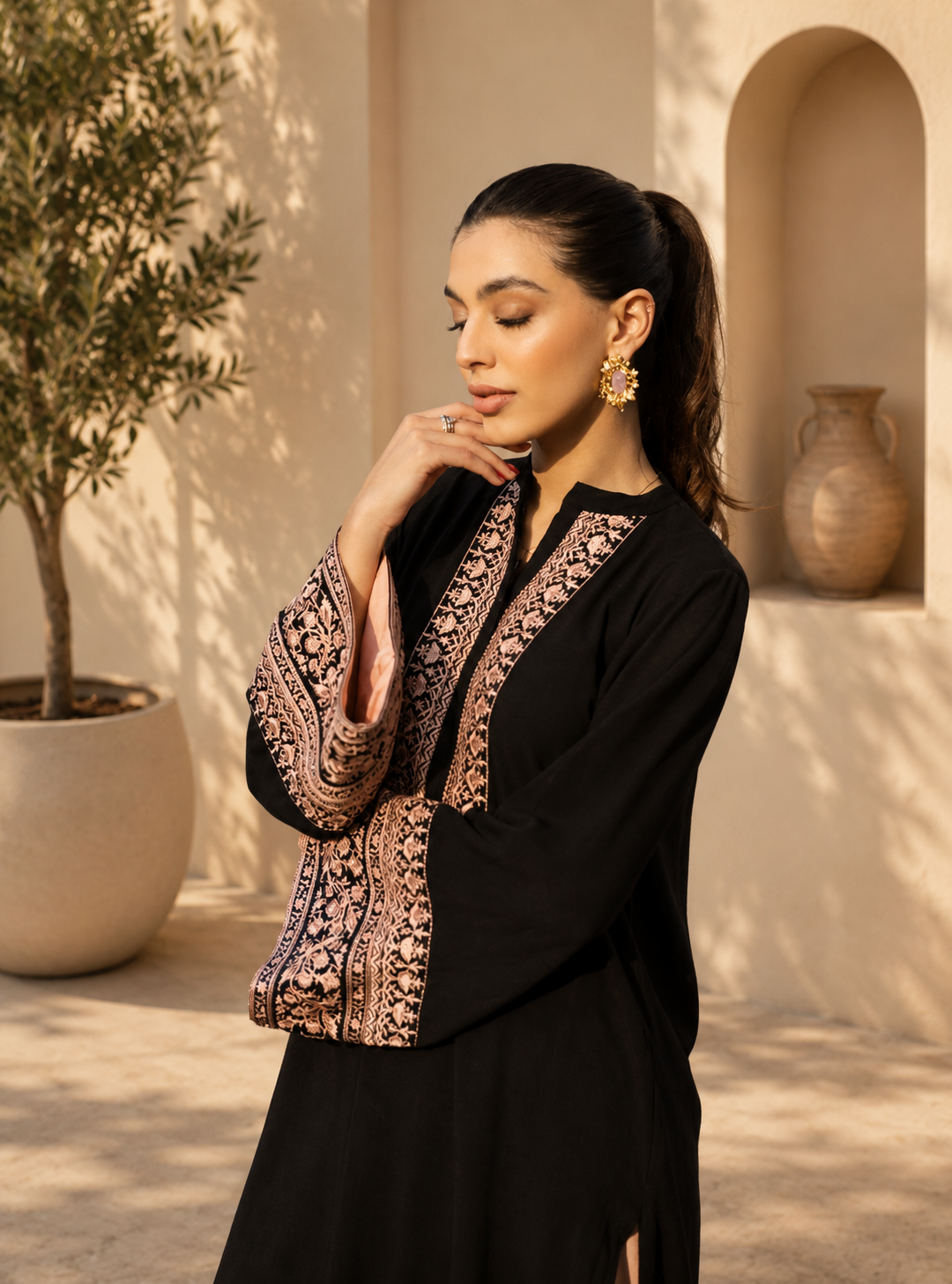 Black Rayon Thread Work Cotton Co-ord Kurta Set