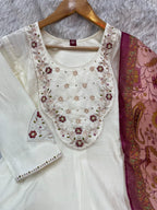 Elegant Off-White Premium Marina Silk Embroidered Kurti Pant Dupatta Set