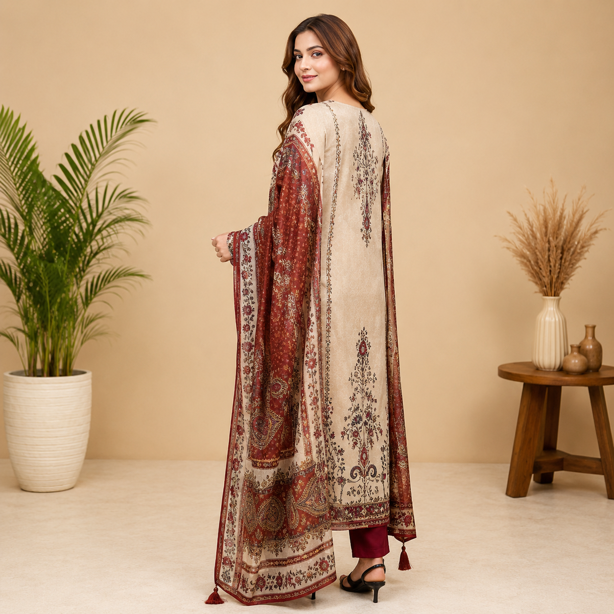 Very Attractive Beige and Maroon Printed Chinon Suit Set With Mirror Work
