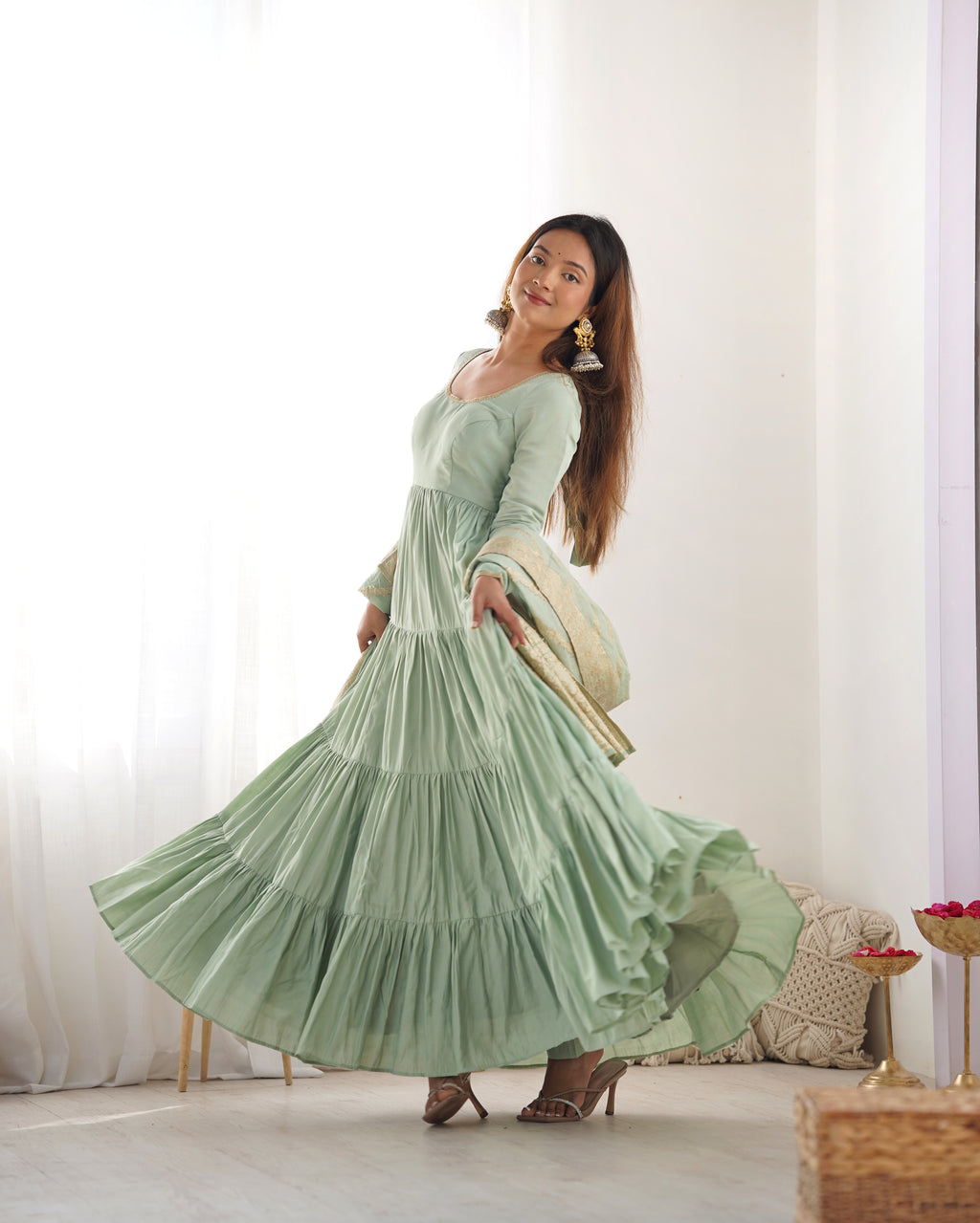 Festive Wear Teal Green Anarkali Dress with Premium Banarasi Dupatta