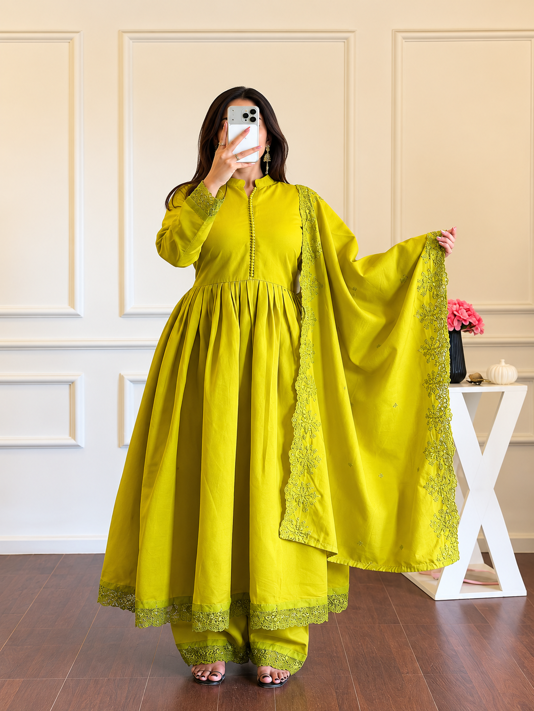 Very Beautiful Lime Green Embroidered Anarkali Suit Set