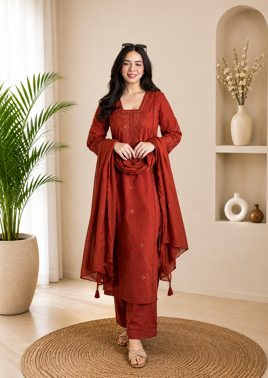 Very Beautiful Orange Roman Silk Embroidered Suit Set