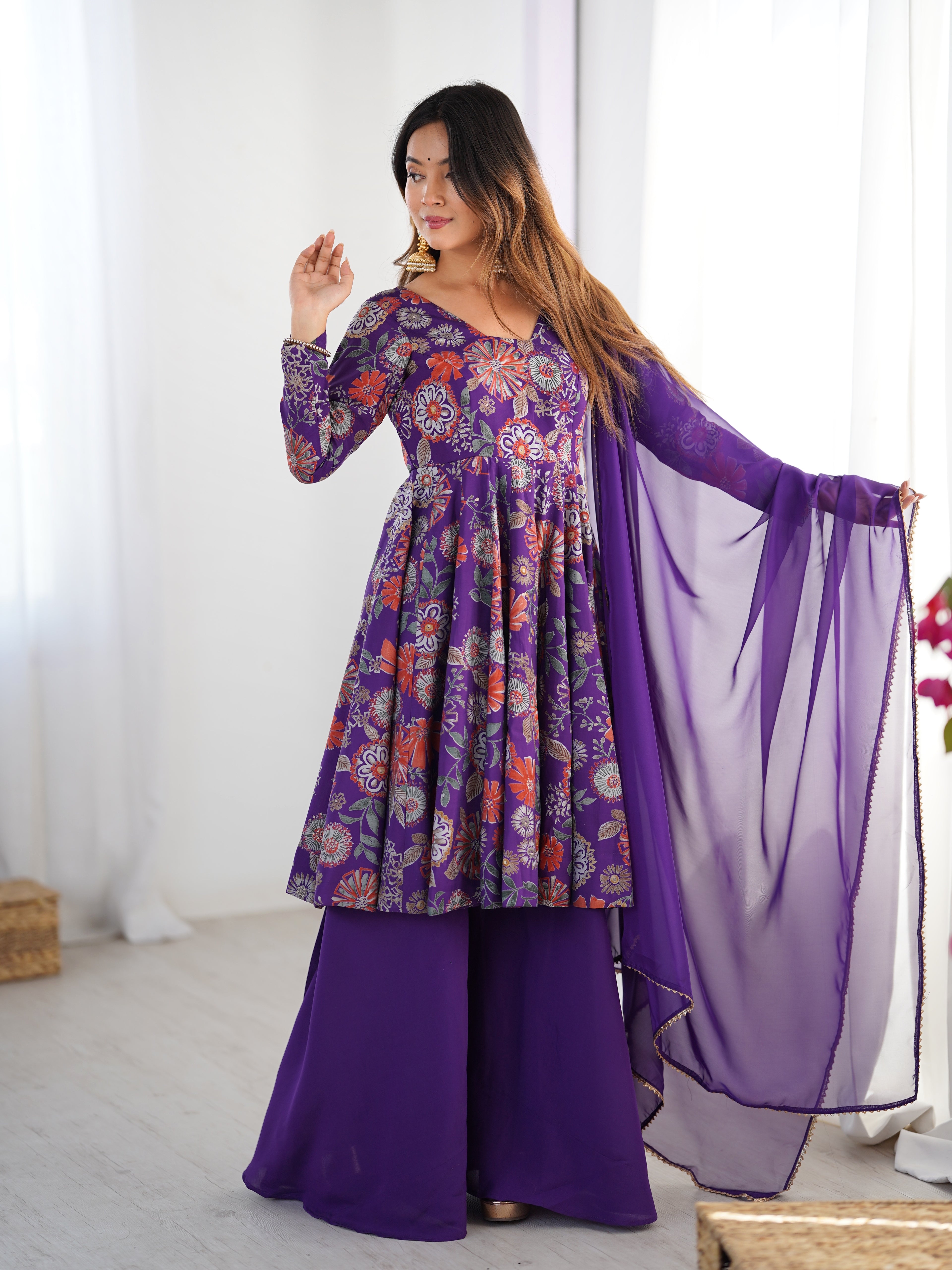 Royal Purple Floral Printed Roman Silk Chanderi Kurta Palazzo Set with Dupatta