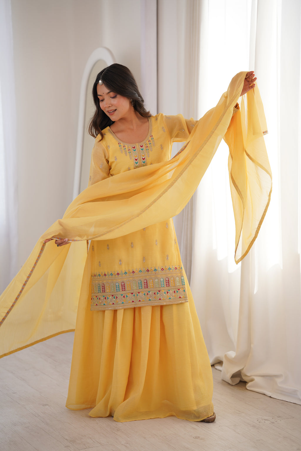 Sunshine Yellow 3-Piece Festive Sharara Suit with Colorful Resham and Zari Work