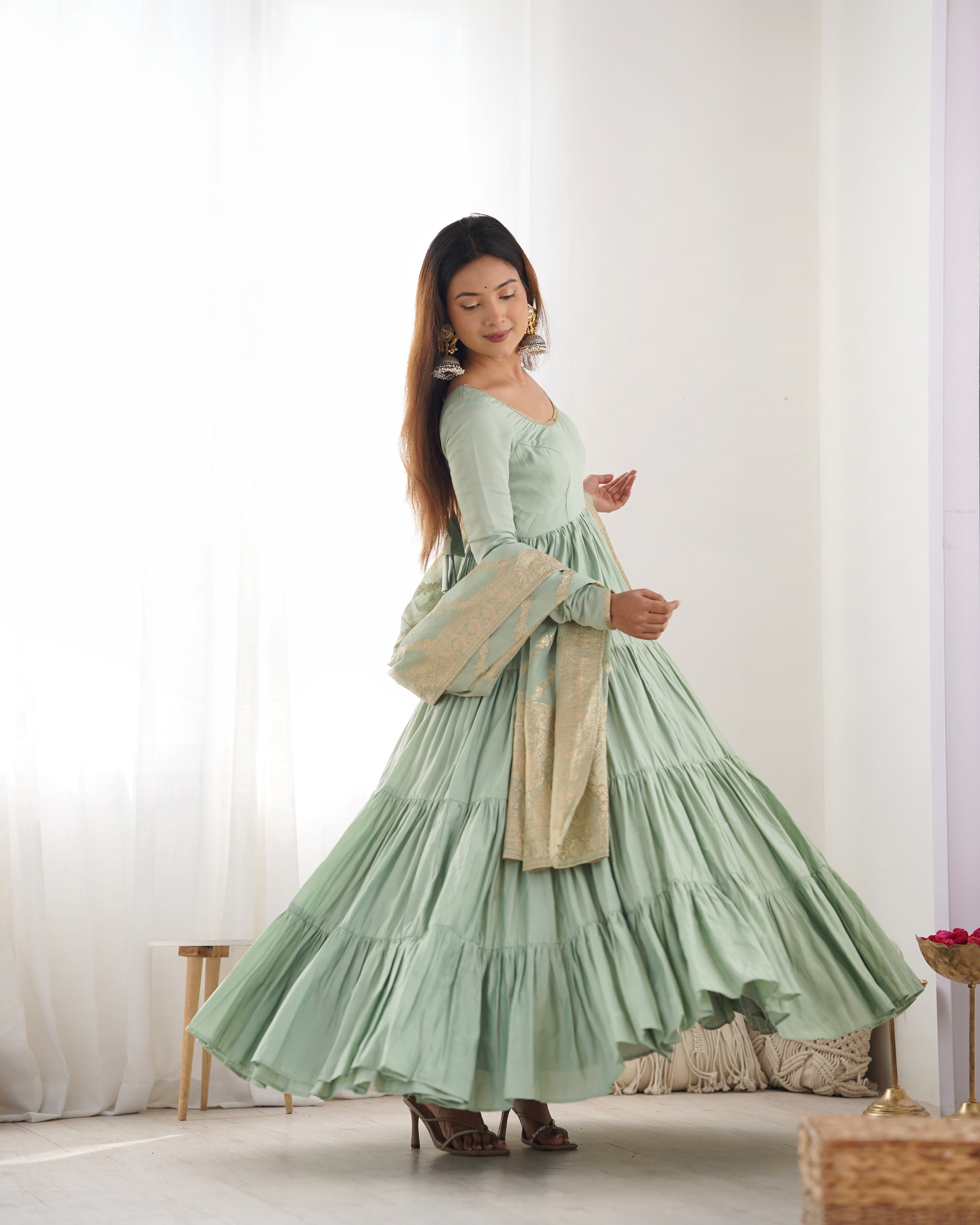 Festive Wear Teal Green Anarkali Dress with Premium Banarasi Dupatta