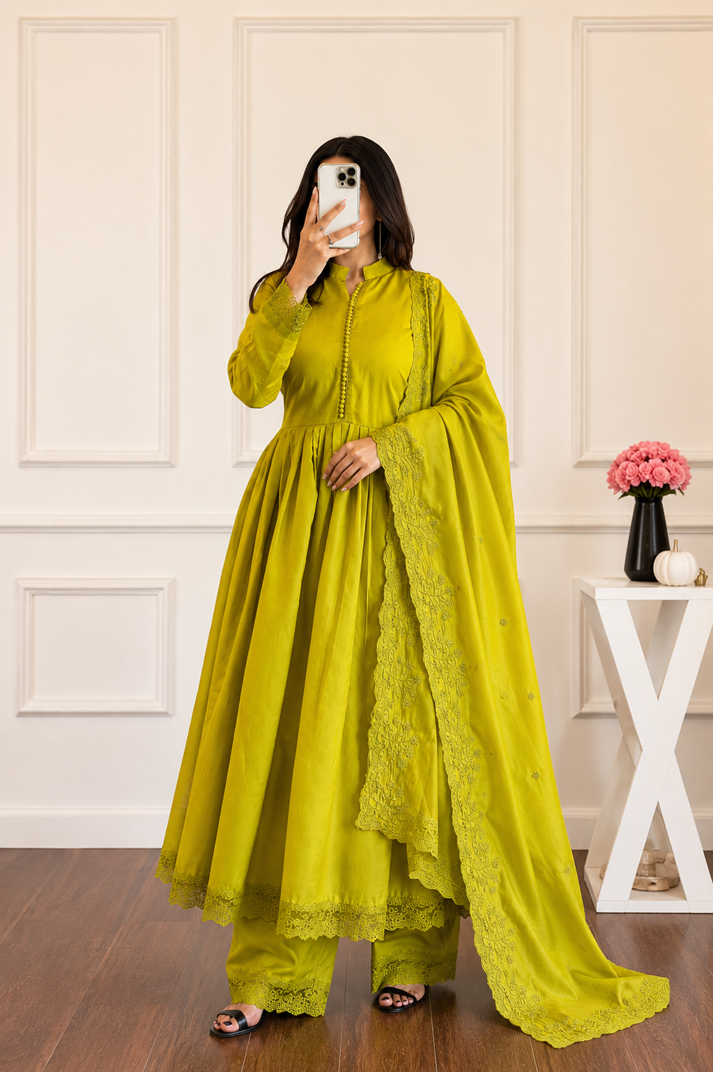 Very Beautiful Lime Green Embroidered Anarkali Suit Set