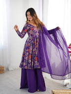 Royal Purple Floral Printed Roman Silk Chanderi Kurta Palazzo Set with Dupatta