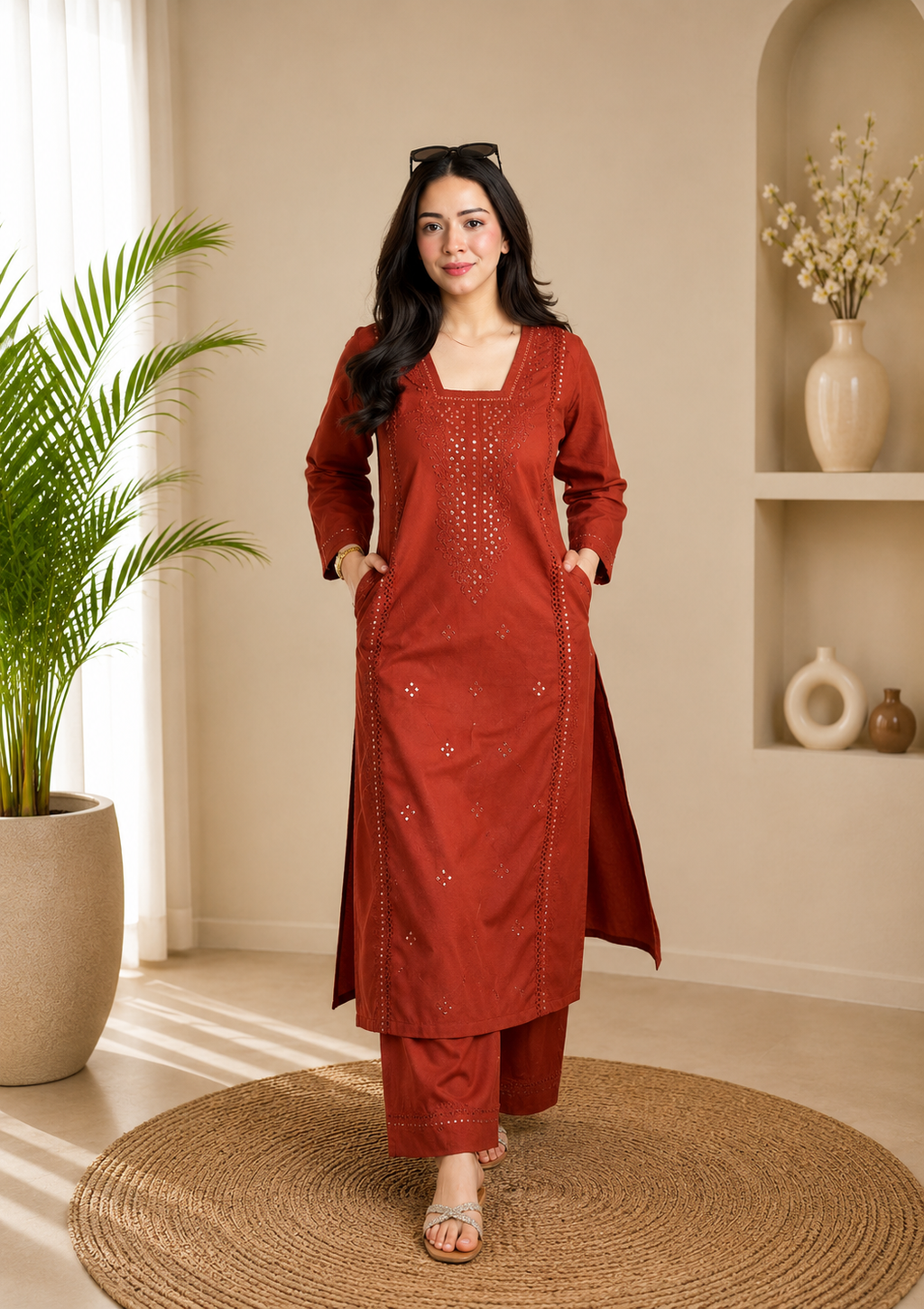 Very Beautiful Orange Roman Silk Embroidered Suit Set