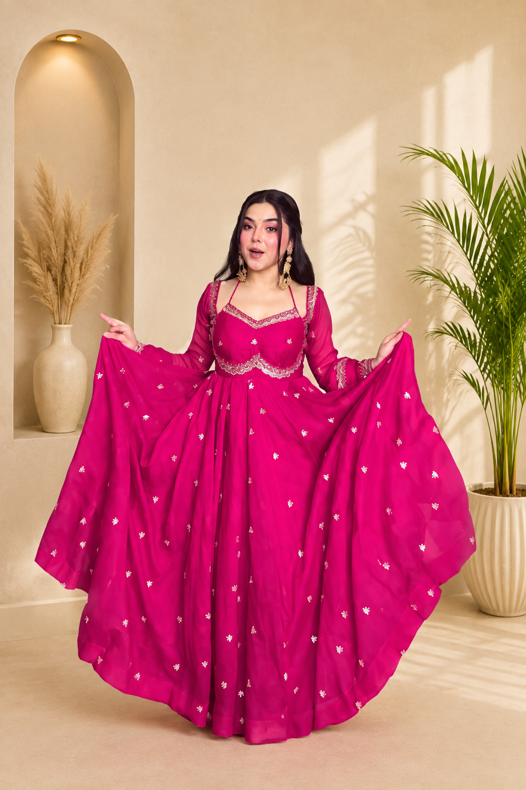 Neha Elegant Rani Pink Faux Georgette Anarkali Suit Set