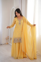 Sunshine Yellow 3-Piece Festive Sharara Suit with Colorful Resham and Zari Work