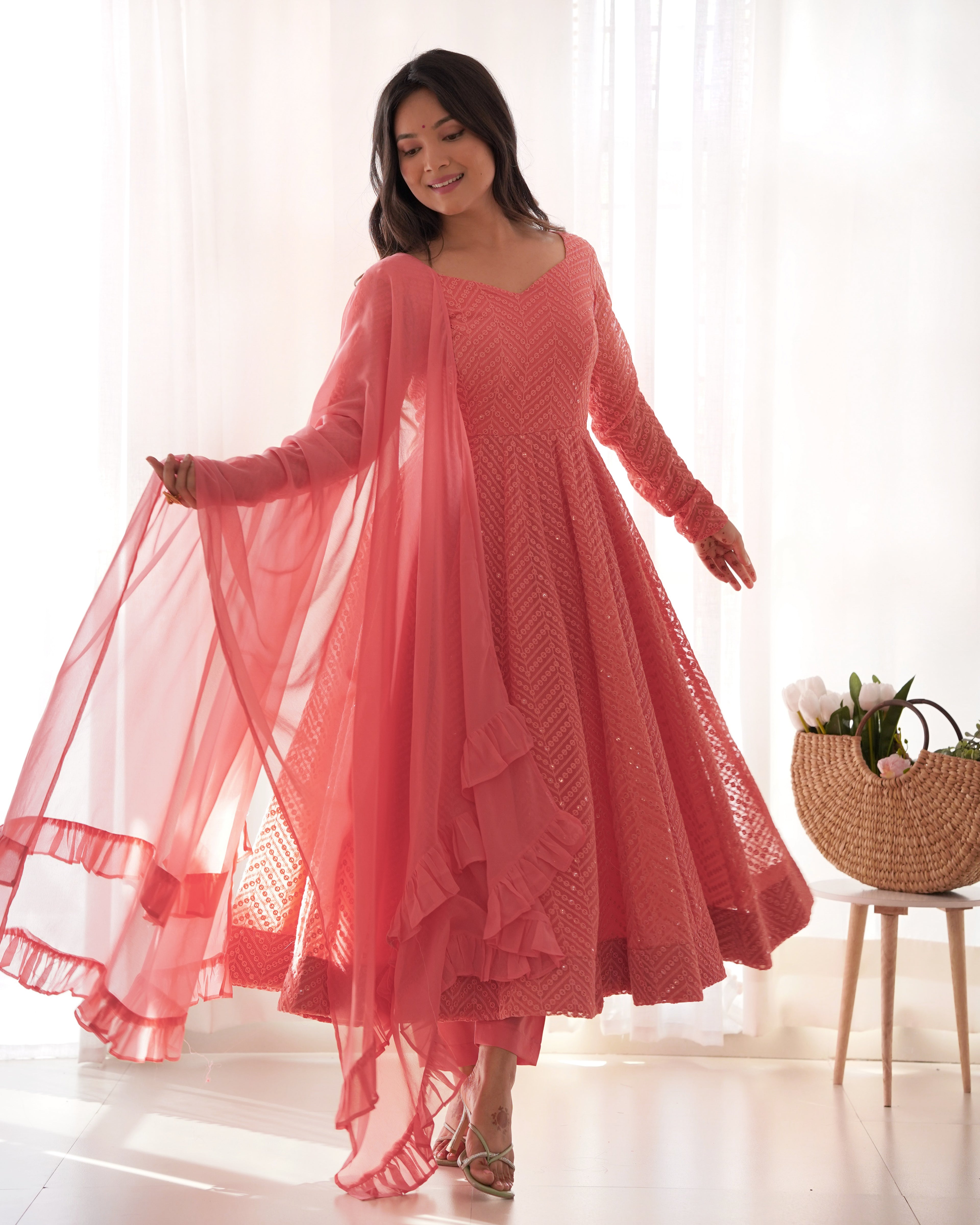 Attractive Embroidered Soft Fox Georgette Anarkali Suit Set with Dupatta
