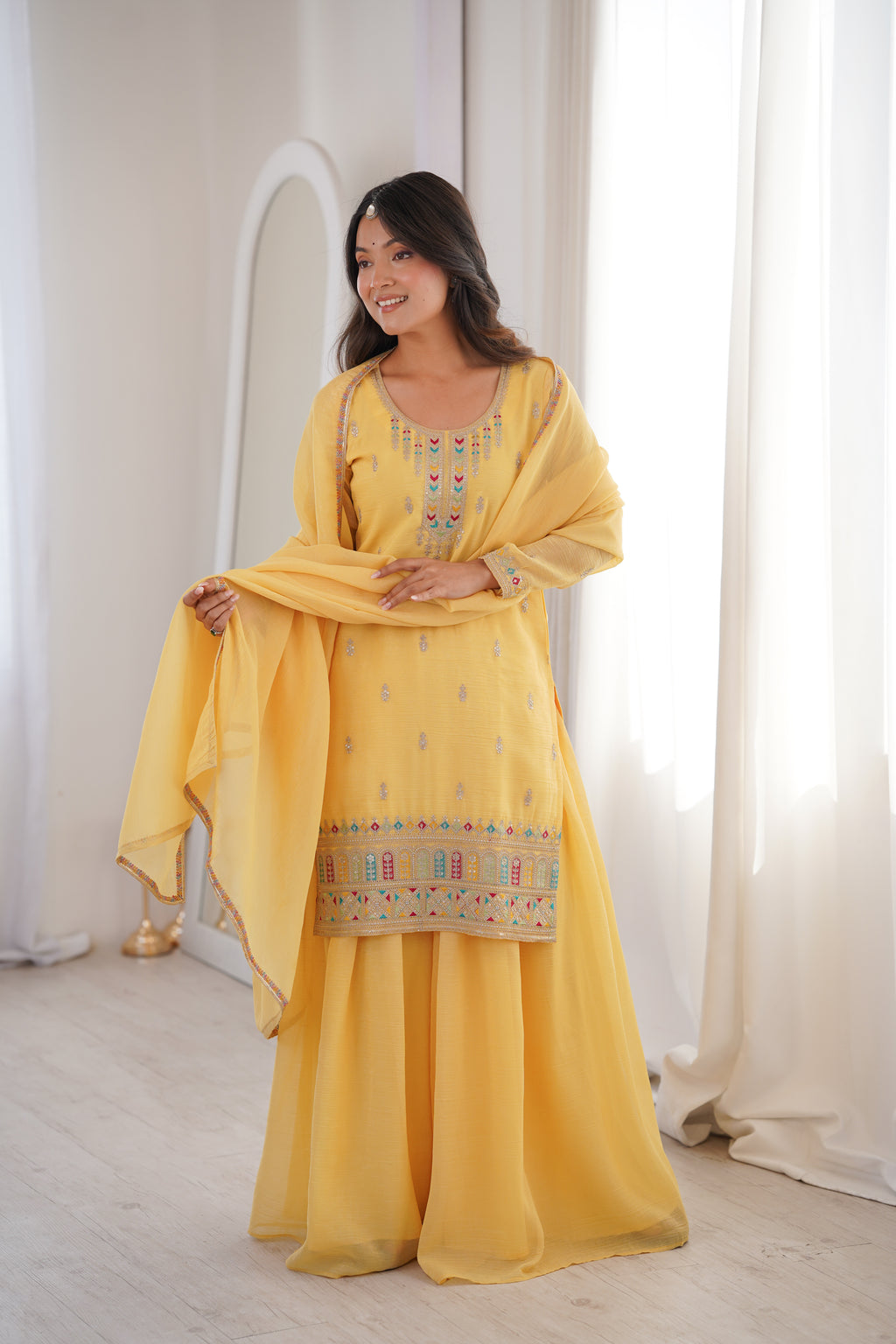 Sunshine Yellow 3-Piece Festive Sharara Suit with Colorful Resham and Zari Work