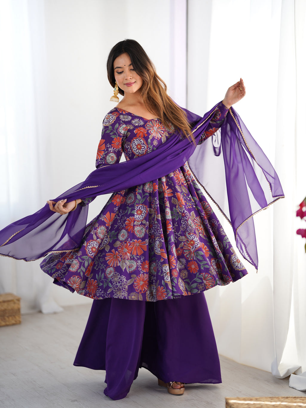 Royal Purple Floral Printed Roman Silk Chanderi Kurta Palazzo Set with Dupatta