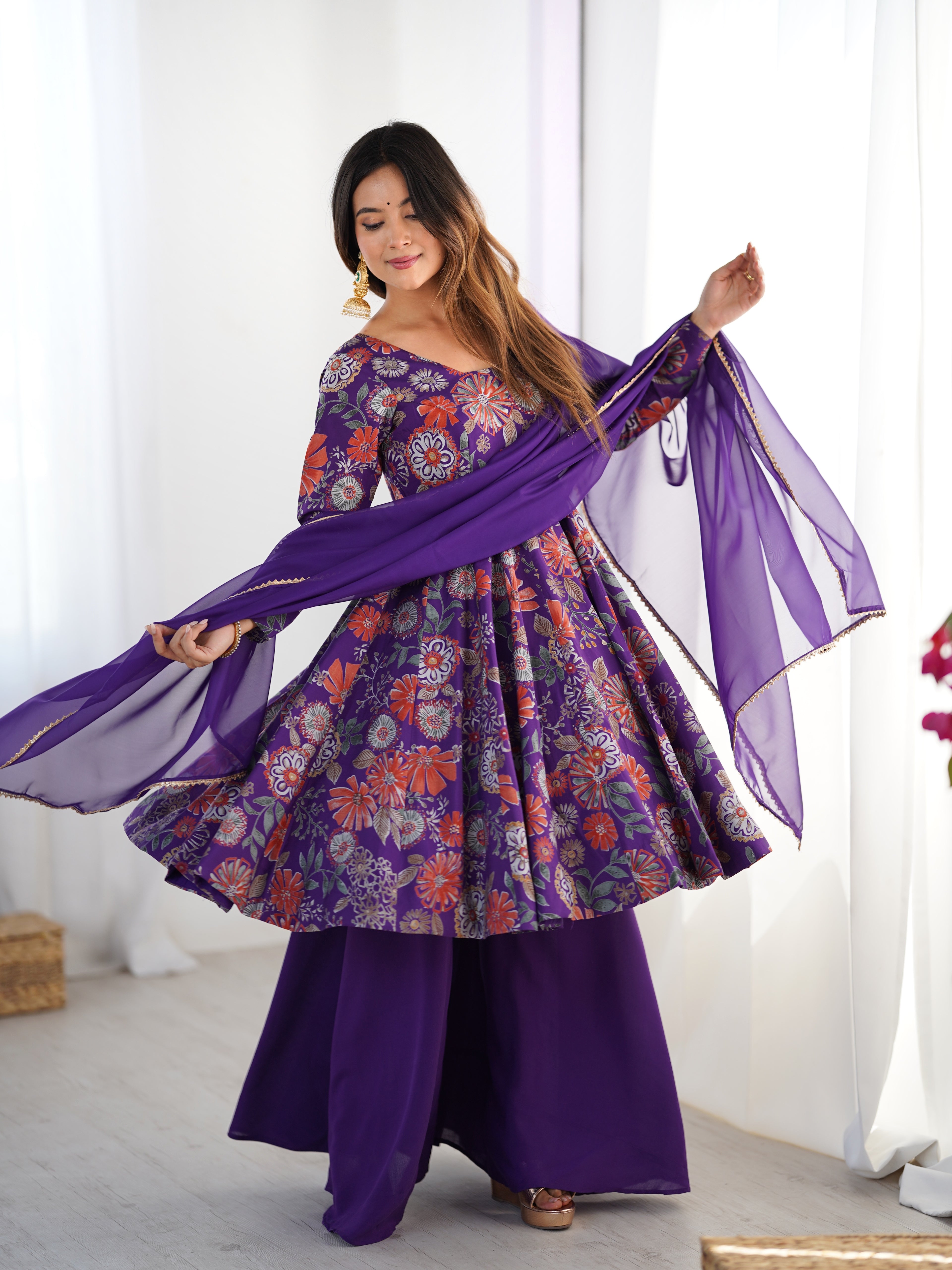 Royal Purple Floral Printed Roman Silk Chanderi Kurta Palazzo Set with Dupatta