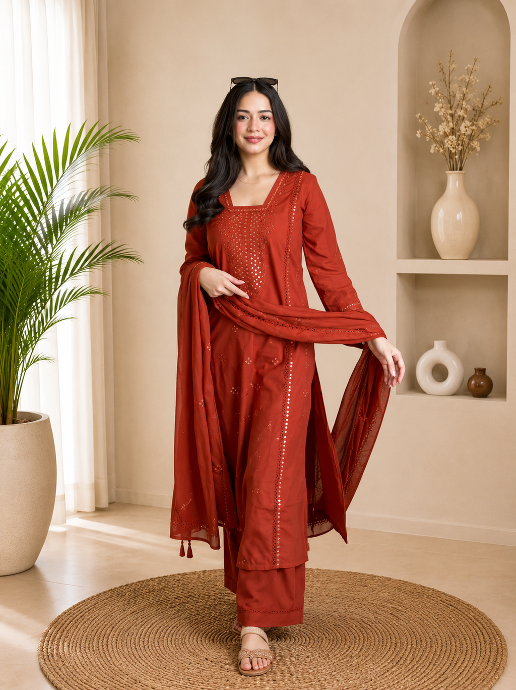 Very Beautiful Orange Roman Silk Embroidered Suit Set