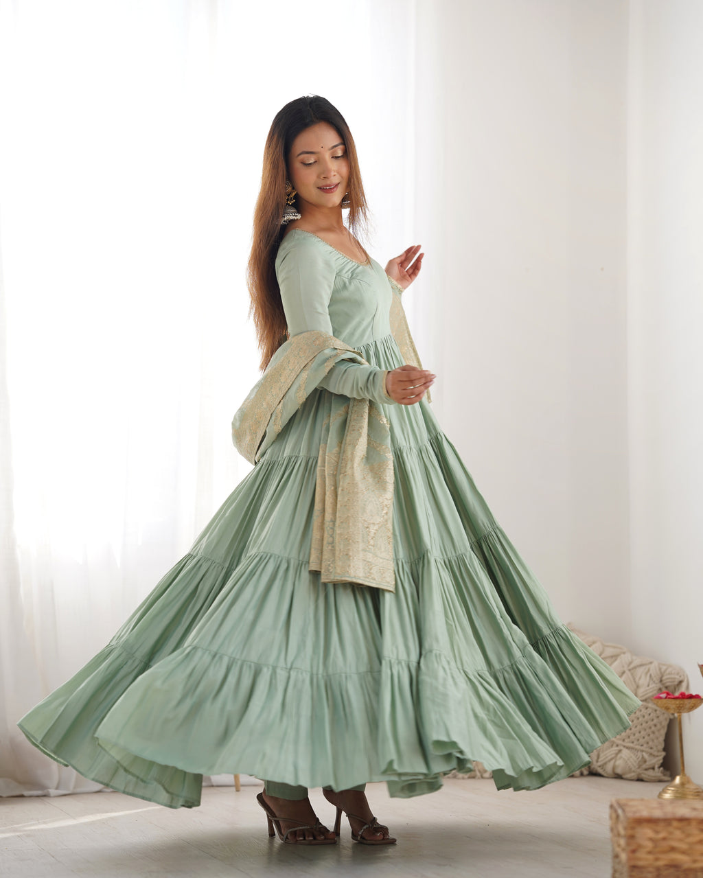 Festive Wear Teal Green Anarkali Dress with Premium Banarasi Dupatta