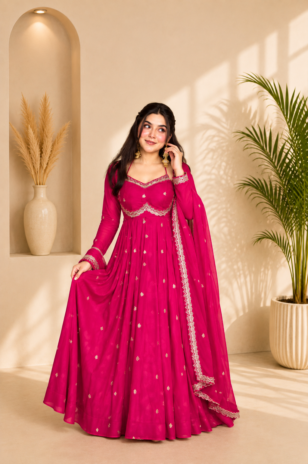 Neha Elegant Rani Pink Faux Georgette Anarkali Suit Set