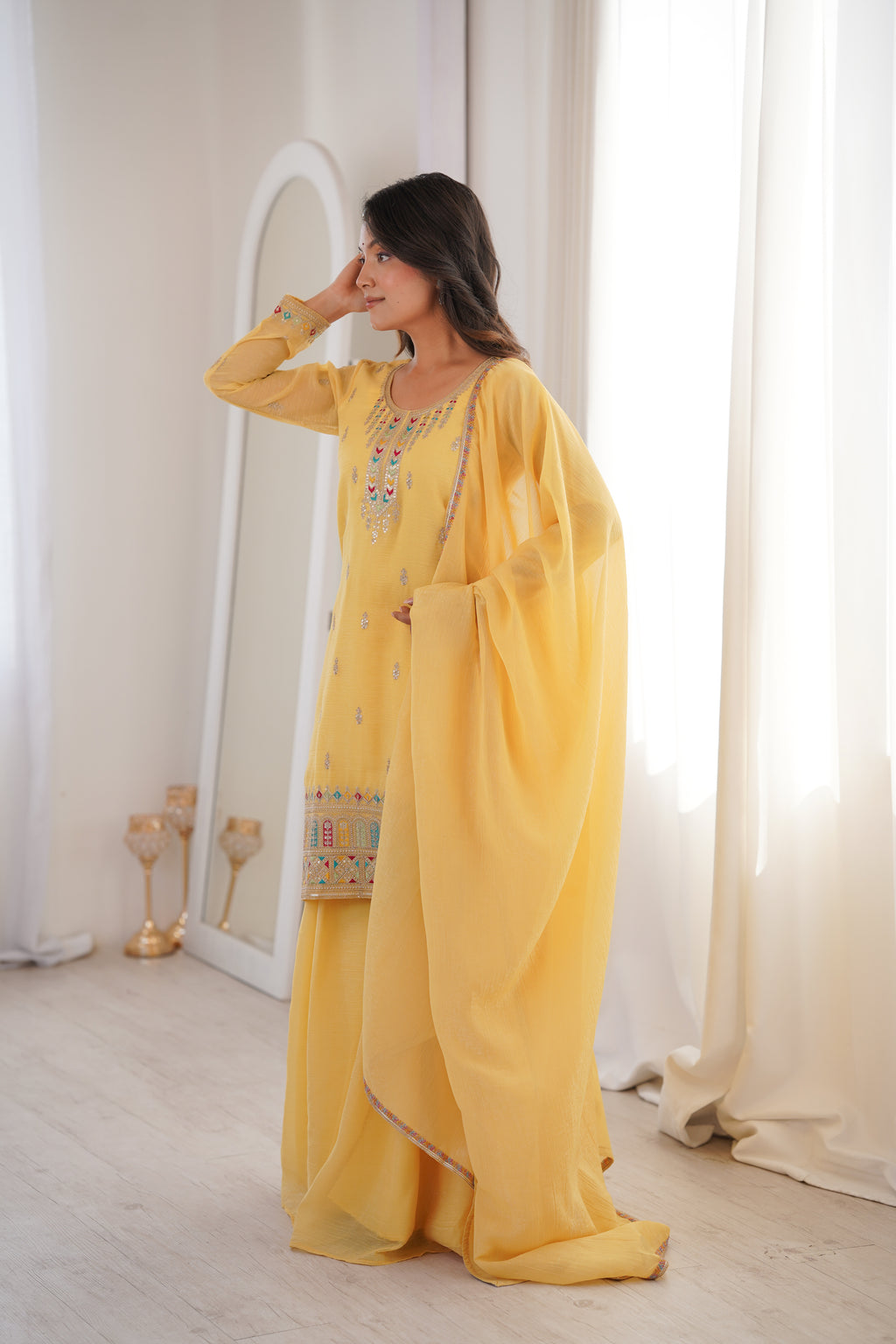 Sunshine Yellow 3-Piece Festive Sharara Suit with Colorful Resham and Zari Work