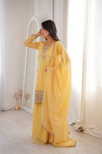 Sunshine Yellow 3-Piece Festive Sharara Suit with Colorful Resham and Zari Work