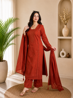 Very Beautiful Orange Roman Silk Embroidered Suit Set