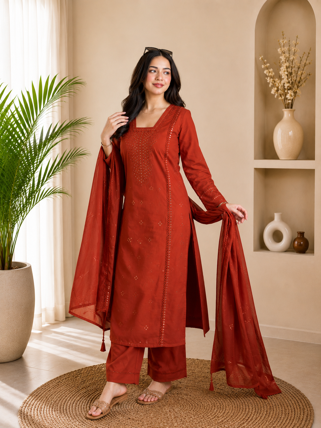 Very Beautiful Orange Roman Silk Embroidered Suit Set