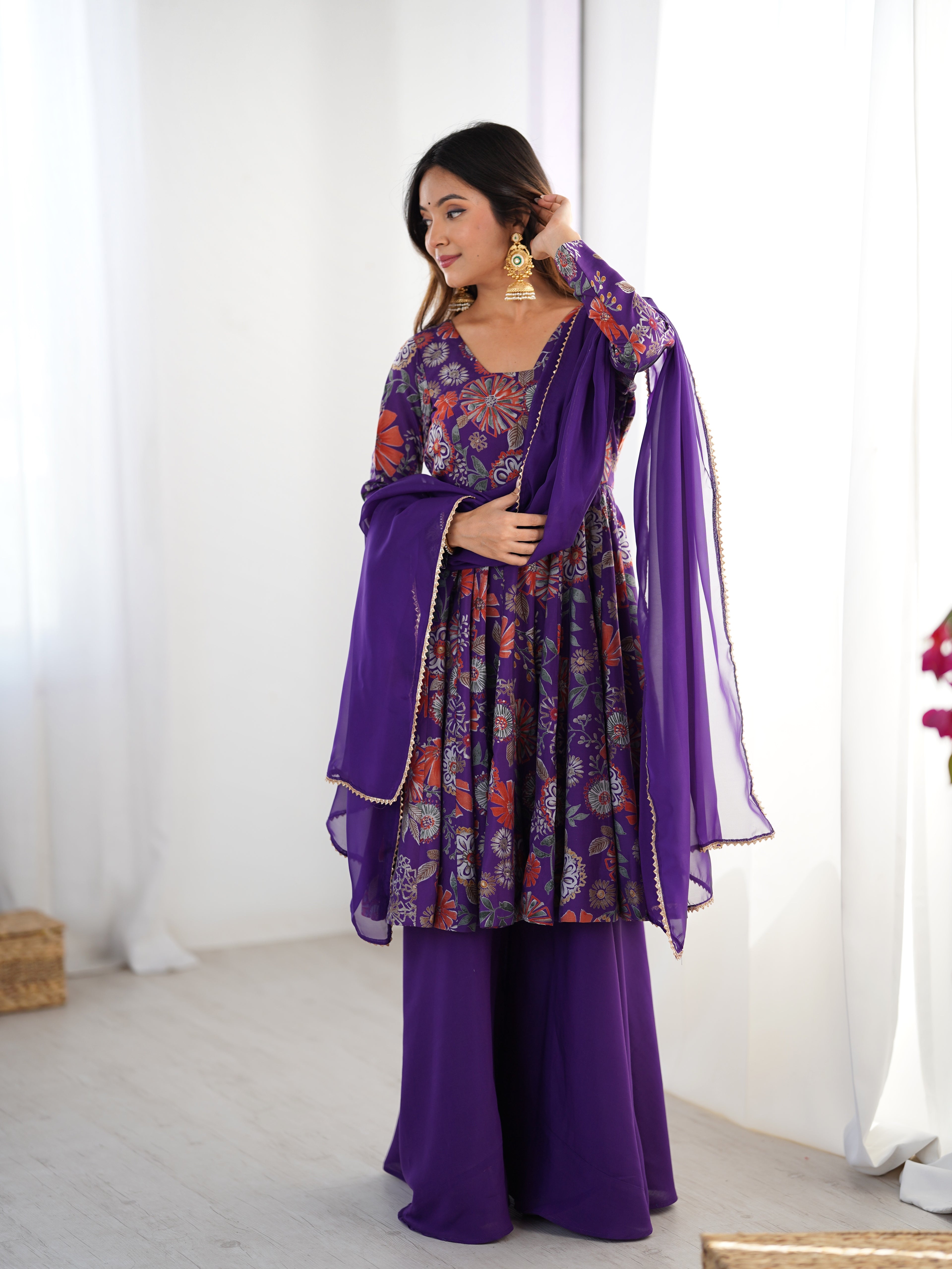Royal Purple Floral Printed Roman Silk Chanderi Kurta Palazzo Set with Dupatta