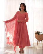 Attractive Embroidered Soft Fox Georgette Anarkali Suit Set with Dupatta