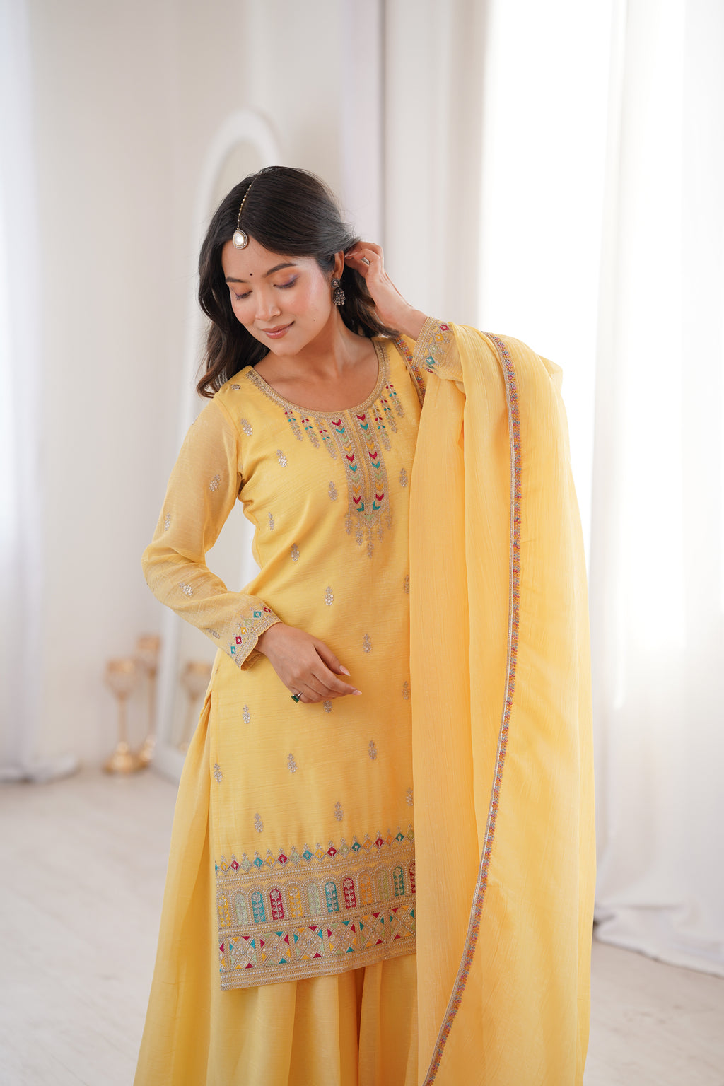 Sunshine Yellow 3-Piece Festive Sharara Suit with Colorful Resham and Zari Work