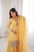 Sunshine Yellow 3-Piece Festive Sharara Suit with Colorful Resham and Zari Work