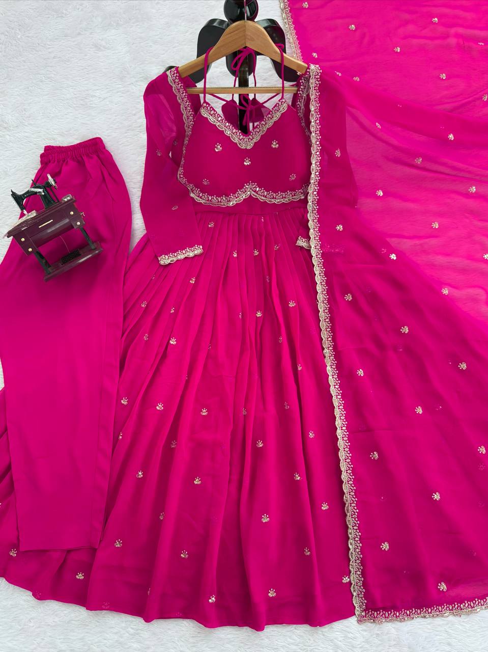 Neha Elegant Rani Pink Faux Georgette Anarkali Suit Set
