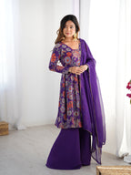 Royal Purple Floral Printed Roman Silk Chanderi Kurta Palazzo Set with Dupatta