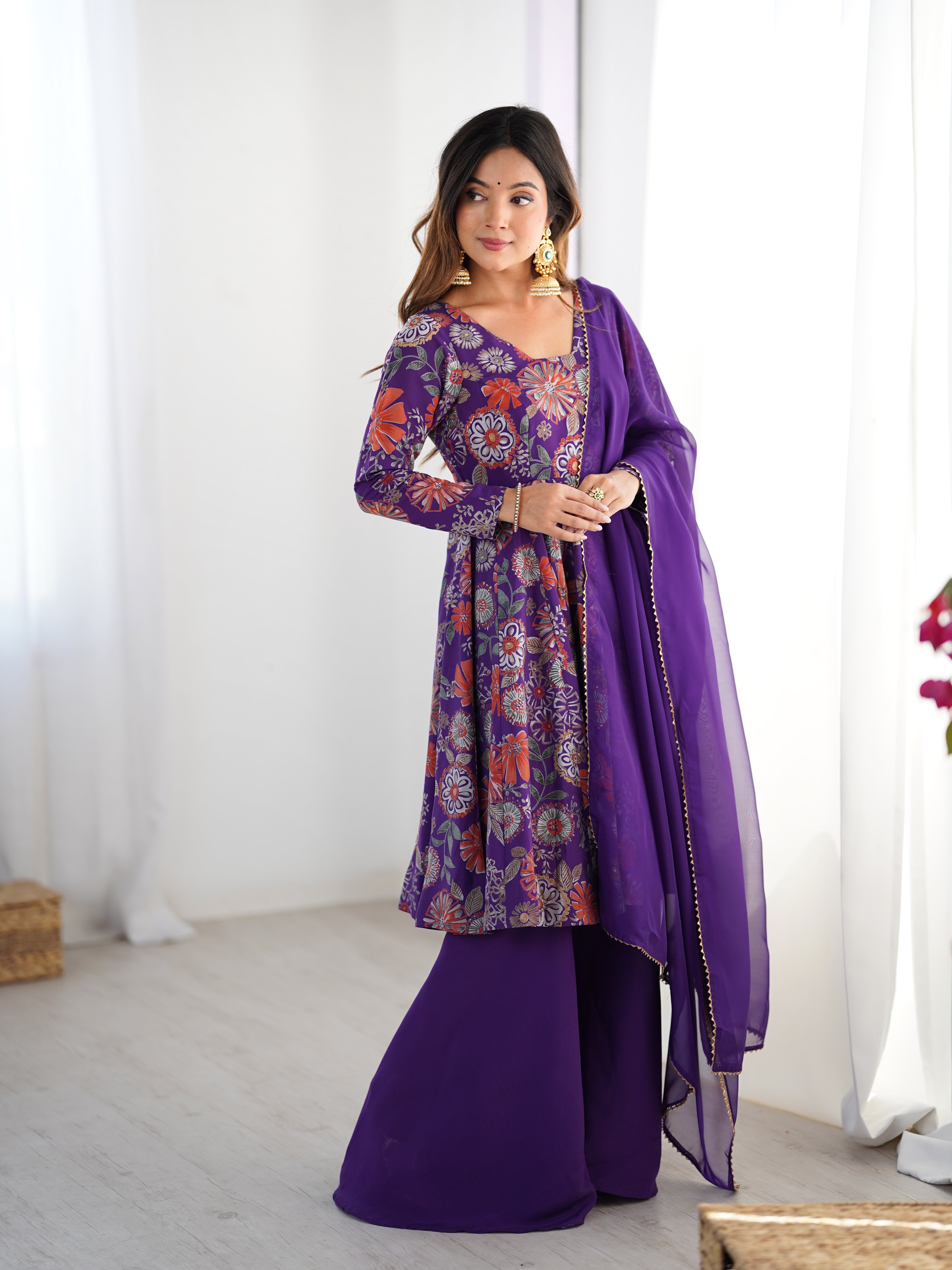 Royal Purple Floral Printed Roman Silk Chanderi Kurta Palazzo Set with Dupatta