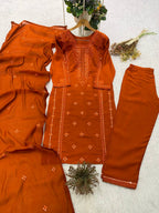 Very Beautiful Orange Roman Silk Embroidered Suit Set
