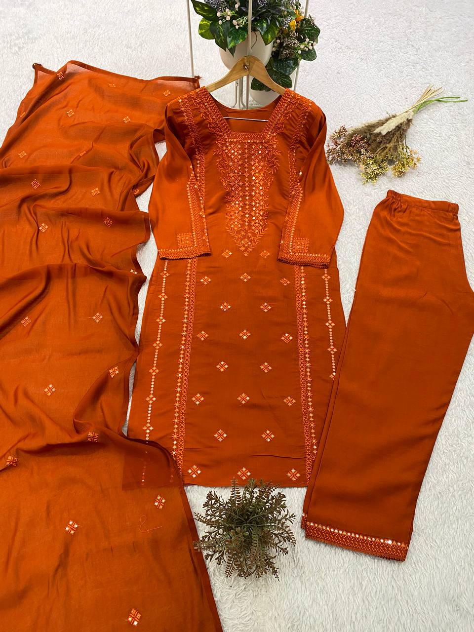 Very Beautiful Orange Roman Silk Embroidered Suit Set